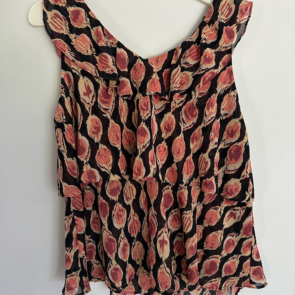 Mossimo sheer Womens top Sz XLarge abstract print tiered pink & black. NWOT.